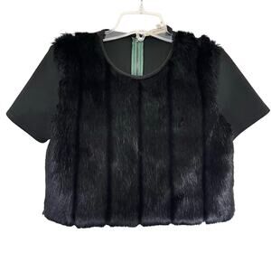 Katharine Kidd Black Scuba Faux Fur Short Sleeve Crewneck Crop Top Size 0